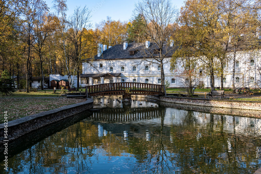 ancient architecture with elements of wooden architecture against the background of the autumn sky