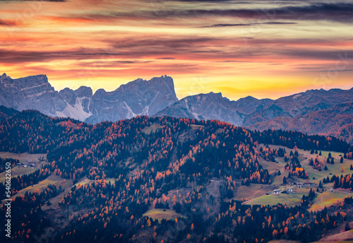 Majestic sunrise on mountain range. Splendid autumn view of Tolpei village, Province of Bolzano - South Tyrol, Italy, Europe. Beauty of countryside concept background. © Andrew Mayovskyy