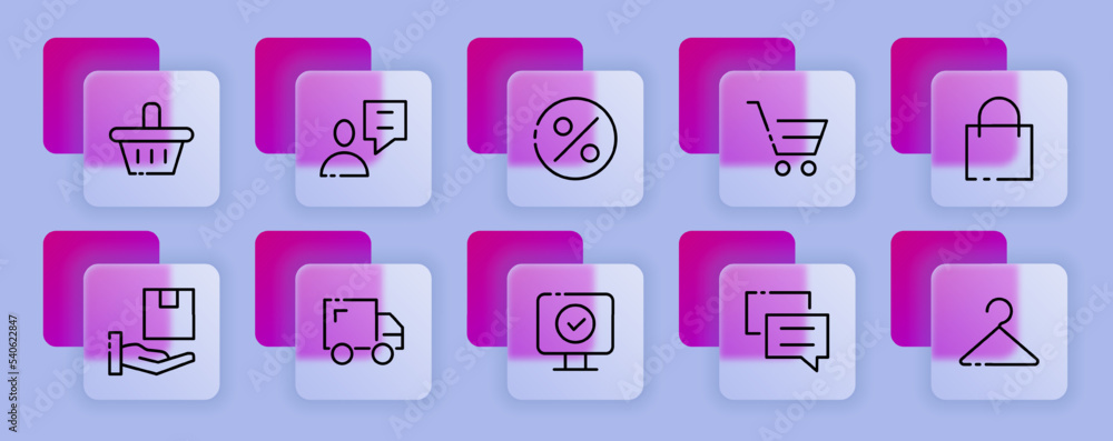 Shopping set icon. Shopping cart, sale, basket,, purchase, product, discount, percentage, coupon. Online store concept. Glassmorphism style. Vector line icon for Business and Advertising Shopping set icon. Shopping cart, sale, basket,, purchase, product, discount, percentage, coupon. Online store concept. Glassmorphism style. Vector line icon for Business and Advertising