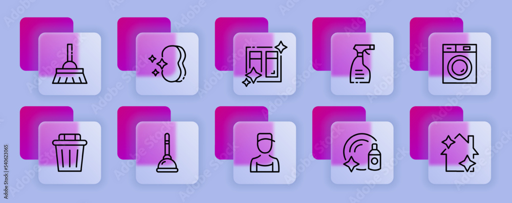 Spring cleaning set icon. Sponge, window, mop, bucket, faucet, plumbing, washing machine, dishwasher. Clean concept. Glassmorphism style. Vector line icon for Business and Advertising Spring cleaning set icon. Sponge, window, mop, bucket, faucet, plumbing, washing machine, dishwasher. Clean concept. Glassmorphism style. Vector line icon for Business and Advertising