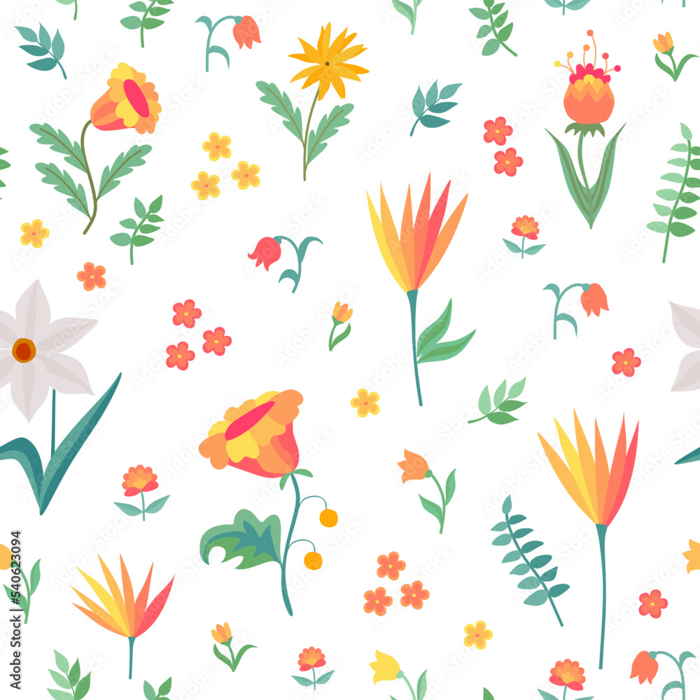 Floral seamless pattern with cute flowers and leaves on white background. Fabric print.