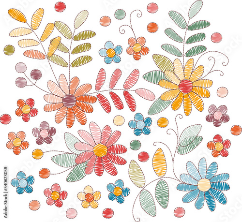 Embroidery with colorful flowers and leaves on white background. Summer design. Vector illustration.
