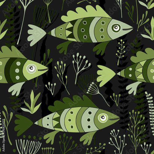 Green fish and seaweed in dark water. Vector seamless pattern.