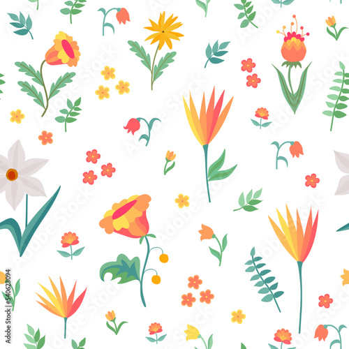 Floral seamless pattern with cute flowers and leaves on white background. Fab...