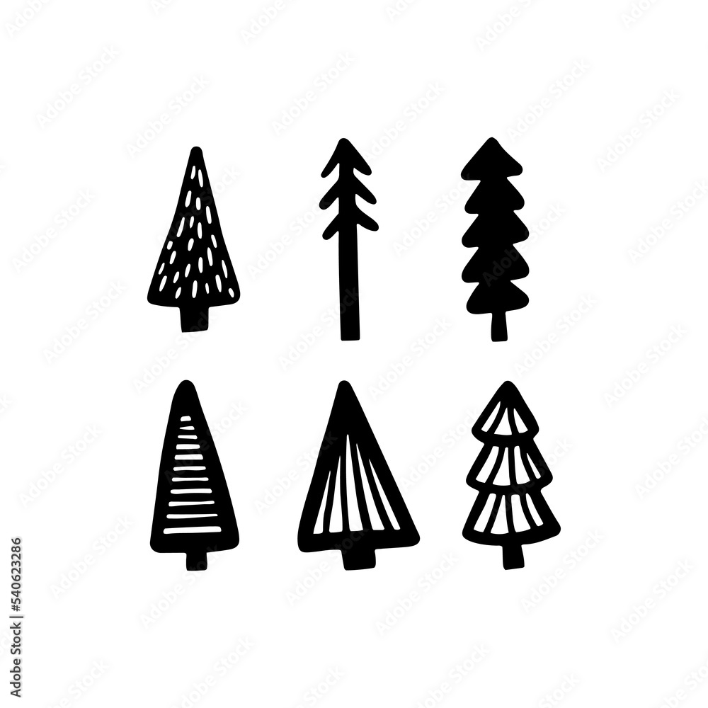 Christmas Tree various set. Collection black-white silhouette. Monochrome hand drawn vector illustration in doodle style. Christmas Tree various set. Collection black-white silhouette. Monochrome hand drawn vector illustration in doodle style.