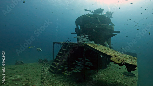 HTMS Sattakut wreck The bridge of the boat and deck - under water shot - Ko Tao island in Thailand