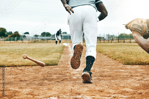 Photography Baseball, sports game and man running in match competition for victory win, exercise or fitness training back view