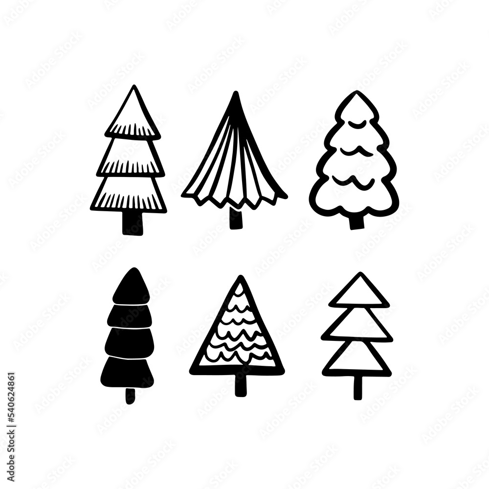 Christmas Tree various set. Collection black-white silhouette. Monochrome hand drawn vector illustration in doodle style. Christmas Tree various set. Collection black-white silhouette. Monochrome hand drawn vector illustration in doodle style.