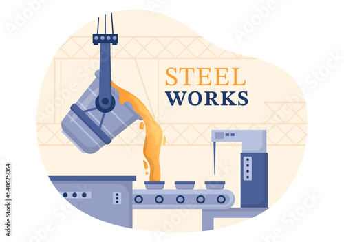Steelworks with Resource Mining, Smelting of Metal in Big Foundry and Hot Steel Pouring in Flat Cartoon Hand Drawn Templates Illustration