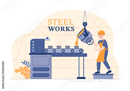 Steelworks with Resource Mining, Smelting of Metal in Big Foundry and Hot Steel Pouring in Flat Cartoon Hand Drawn Templates Illustration