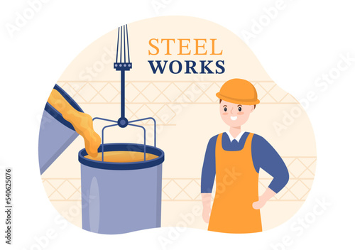 Steelworks with Resource Mining, Smelting of Metal in Big Foundry and Hot Steel Pouring in Flat Cartoon Hand Drawn Templates Illustration
