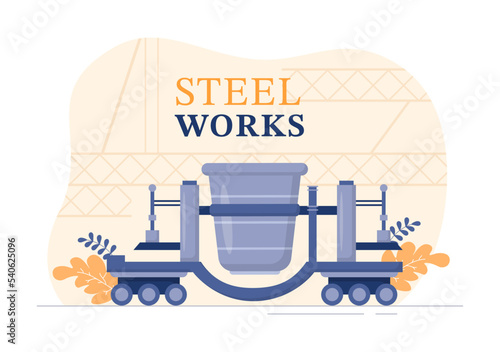 Steelworks with Resource Mining, Smelting of Metal in Big Foundry and Hot Steel Pouring in Flat Cartoon Hand Drawn Templates Illustration
