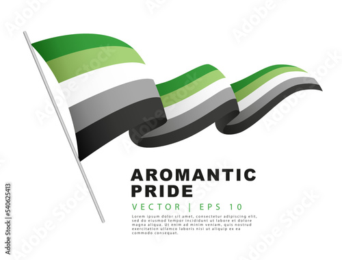 The flag of aromatic pride hangs on a flagpole and flutters in the wind. A colorful logo of one of the LGBT flags. Sexual identification. Vector illustration