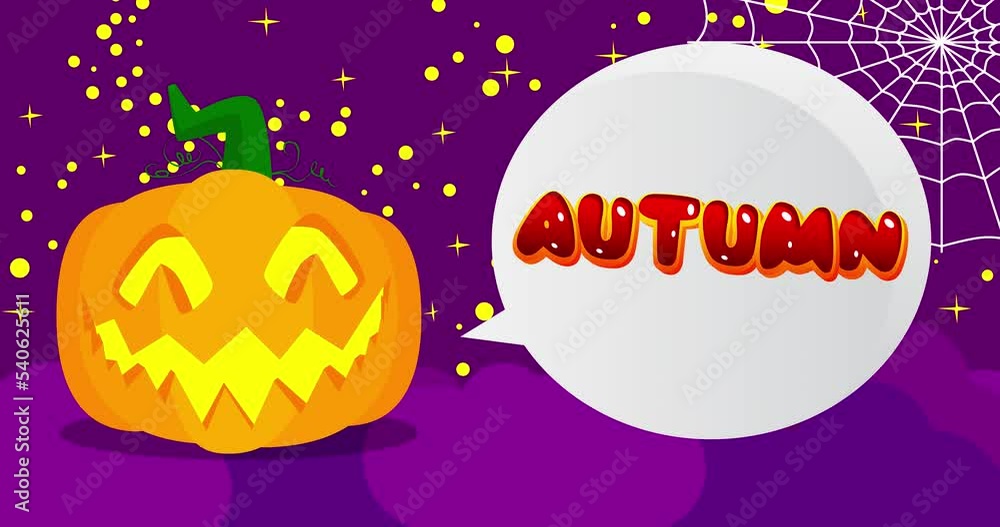 Animated Jack O' Lantern with Autumn text in speech bubble on purple night background with spider web. Halloween, Holiday cartoon. Animated Jack O' Lantern with Autumn text in speech bubble on purple night background with spider web. Halloween, Holiday cartoon.