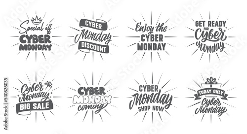 The set of lettering slogans for Cyber Monday. The stickers with rays