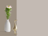 white vase with flowers and golden duck, golden stature