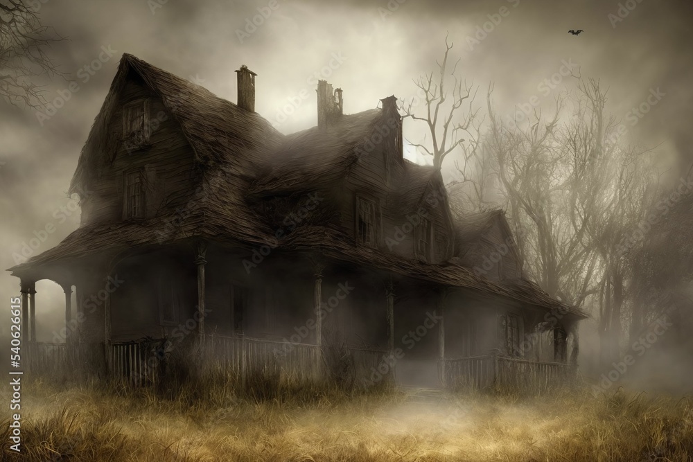 halloween haunted house from 1800s with a creepy sky in the background and a bird flying over it in the foreground halloween haunted house from 1800s with a creepy sky in the background and a bird flying over it in the foreground