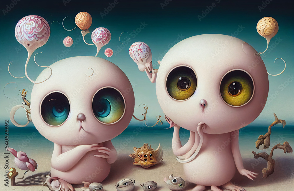 Obraz premium Two friendly soft pink characters at the beach cartoon