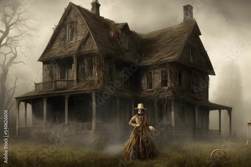 halloween haunted house from 1800s with a scarecrow in front of it and a halloween in the yard in front of it photo