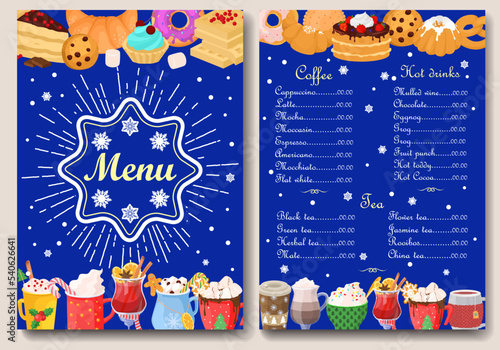 Winter hot drinks menu front and back vector