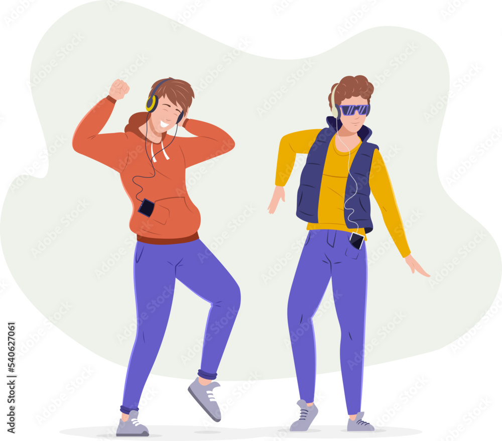Cheerful teenagers boys listening music and dancing. Young modern students in trendy clothes having leisure time together and relaxing. Guy listening music In headphones