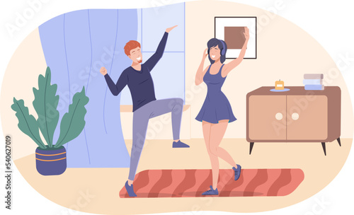 Happy couple listening music and dancing together at home. Happy man and woman having fun at home party. Girl in headphones enjoying on listening music, guy rhythmically moving