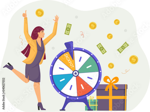 Excited happy woman winning money and gift at wheel of fortune. Lucky player won jackpot in casino, money flying around them. Gambling, game of chance, luck