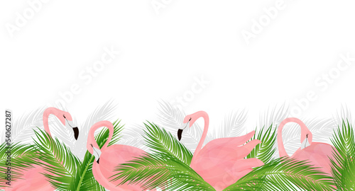 Bright tropical border with palm leaves and pink flamingos. Design for postcards, fabrics, banners.