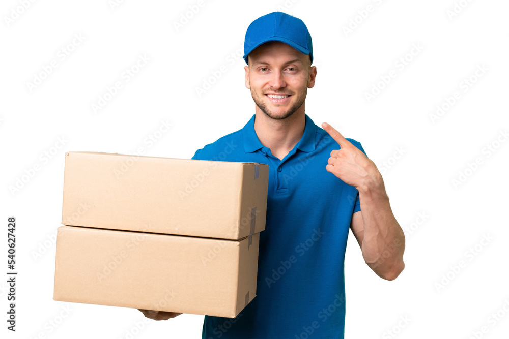Delivery caucasian man over isolated background giving a thumbs up gesture Delivery caucasian man over isolated background giving a thumbs up gesture