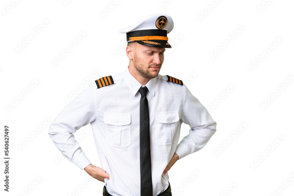 Airplane pilot man over isolated background suffering from backache for having made an effort