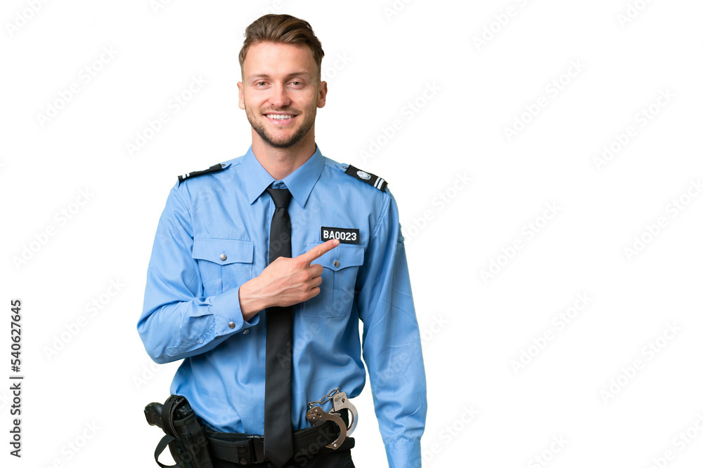 Young police man over isolated background pointing to the side to present a product Young police man over isolated background pointing to the side to present a product