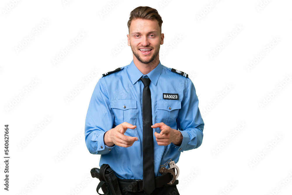 Young police man over isolated background pointing to the front and smiling Young police man over isolated background pointing to the front and smiling