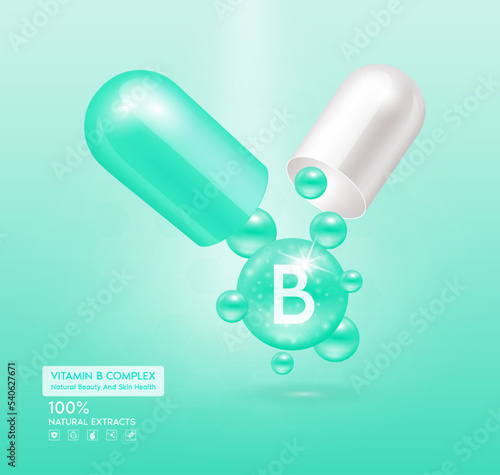 Vitamin B blue capsule. Treatment with vitamins complex collagen skincare beauty. Health supplement anti aging. Cosmetic beauty product design. 3D Realistic on pink background. Vector EPS10.