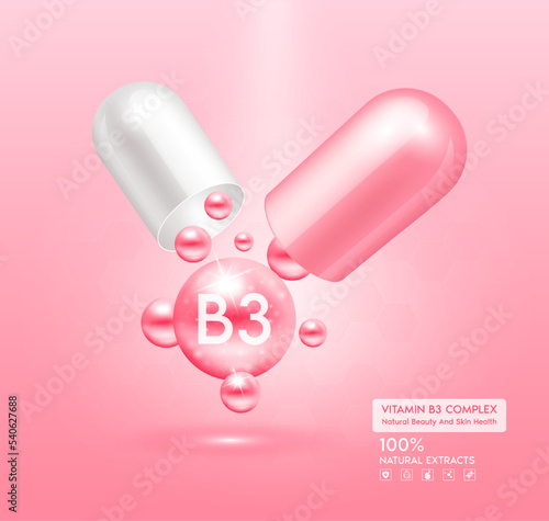 Vitamin B3 pink capsule. Treatment with vitamins complex collagen skincare beauty. Health supplement anti aging. Cosmetic beauty product design. 3D Realistic on pink background. Vector EPS10.