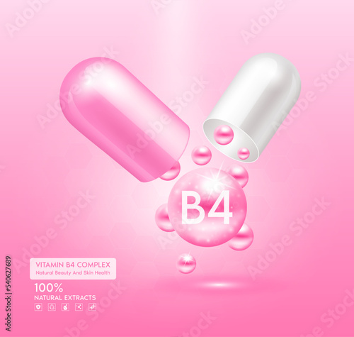 Vitamin B4 pink capsule. Treatment with vitamins complex collagen skincare beauty. Health supplement anti aging. Cosmetic beauty product design. 3D Realistic on pink background. Vector EPS10.