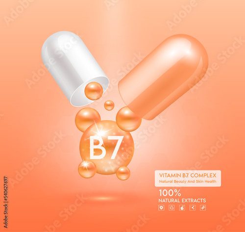 Vitamin B7 orange capsule. Treatment with vitamins complex collagen skincare beauty. Health supplement anti aging. Cosmetic beauty product design. 3D Realistic on pink background. Vector EPS10.