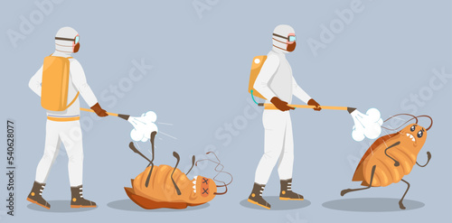 Cockroach pest control men in uniform vector set