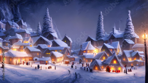 winter landscape in the mountains with a small village at night in the snow - digital painting