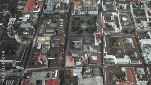 City Center of Quito, Ecuador. Drone top down overhead view of rooftops. 