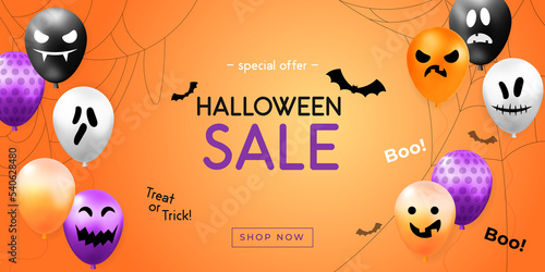 3d vector cartoon sale poster for Happy Halloween discount promotion flyer design. Bats, balloons with scary face and text template for Invitation cards, promotion and advertisement