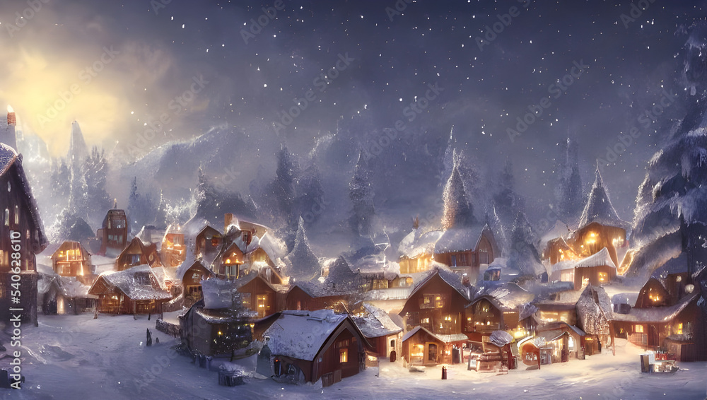 Naklejka premium winter landscape in the mountains with a small village at night in the snow - digital painting