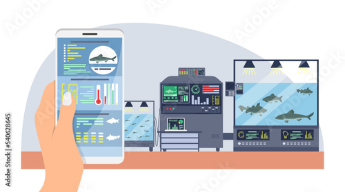Fish smart farm control flat vector illustration