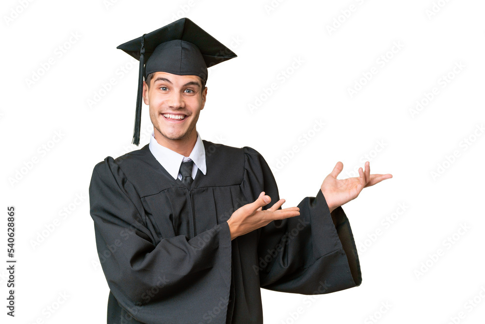 Young university graduate caucasian man over isolated background extending hands to the side for inviting to come Young university graduate caucasian man over isolated background extending hands to the side for inviting to come