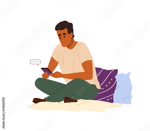 Man with cell phone waiting for call or sms. Unhappy alone person sitting at home, looking on smartphone, typing with hope. Colored flat vector illustration isolated on white background