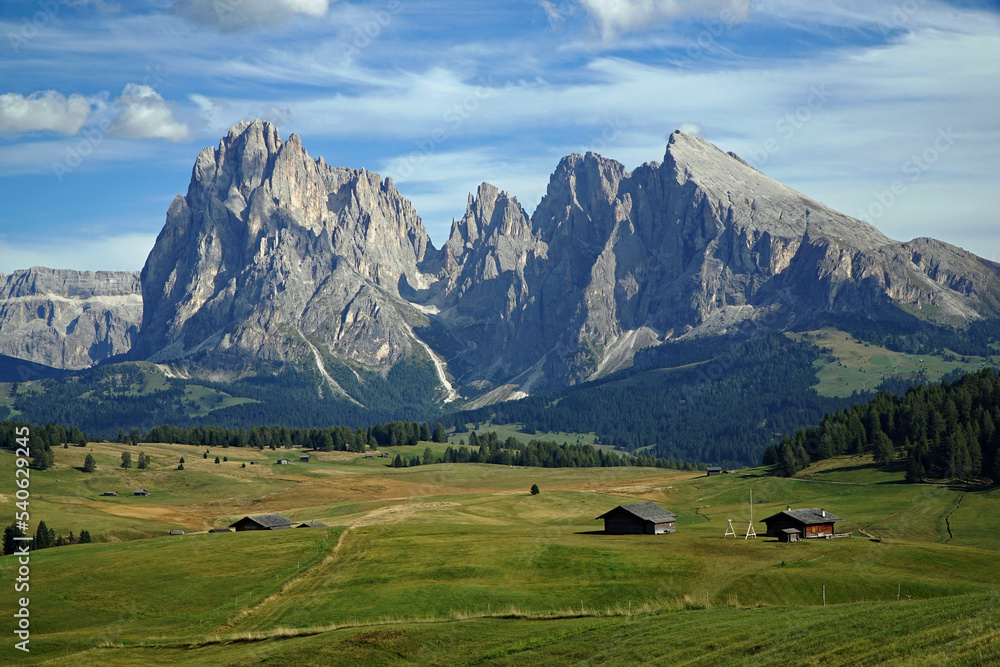 Amazing view to distinctive mountain Sella Group in the Dolomites: Distinctive and famous mountain ridge in south tyrol, gardena valley, italy. Travel and holiday concept.