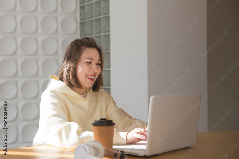 woman connecting to the Internet from home. Smiling businesswoman using a laptop in office woman connecting to the Internet from home. Smiling businesswoman using a laptop in office