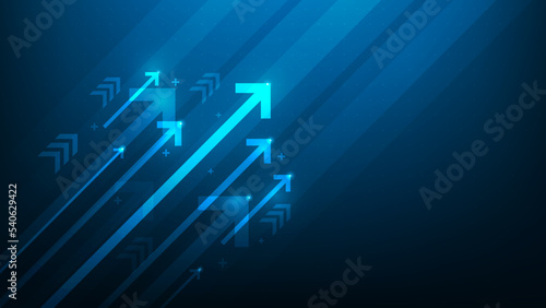 business digital growth arrow up to success on blue dark background.  investment graph technology circuit to success. financial technology strategy.market chart profit. vector illustration hi-tech.