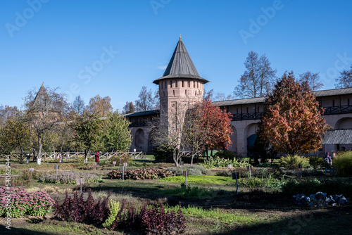 ancient architecture with elements of wooden architecture against the background of the autumn sky