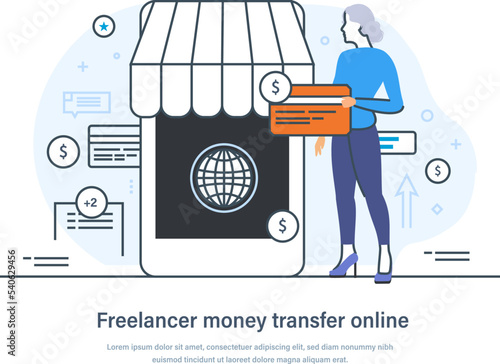 Freelancer money transfer online, e-commerce web banner template. Online work and salary payment online app web page. Woman earning money remotely.