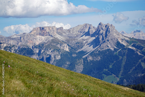 Astonishing mountains in the dolomites: peakes and ridges in famous gardena valley at Puez Odles Naturepark. Alto Adige, South Tyrol, Italy. Nature and outdoor concept.